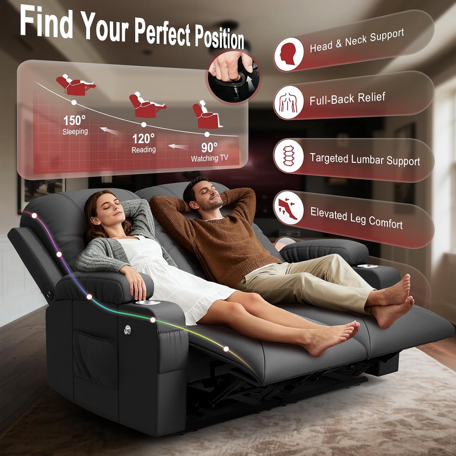 FURNIMAT 2026 Fabric Loveseat Recliner Sofa, 2 Seater Reclining Loveseat Sofa, RV Loveseat Couch, Modern Recliner Chair for Living Room, with Cup Holder and 2 Cell Phone Holders, USB Ports, Gray