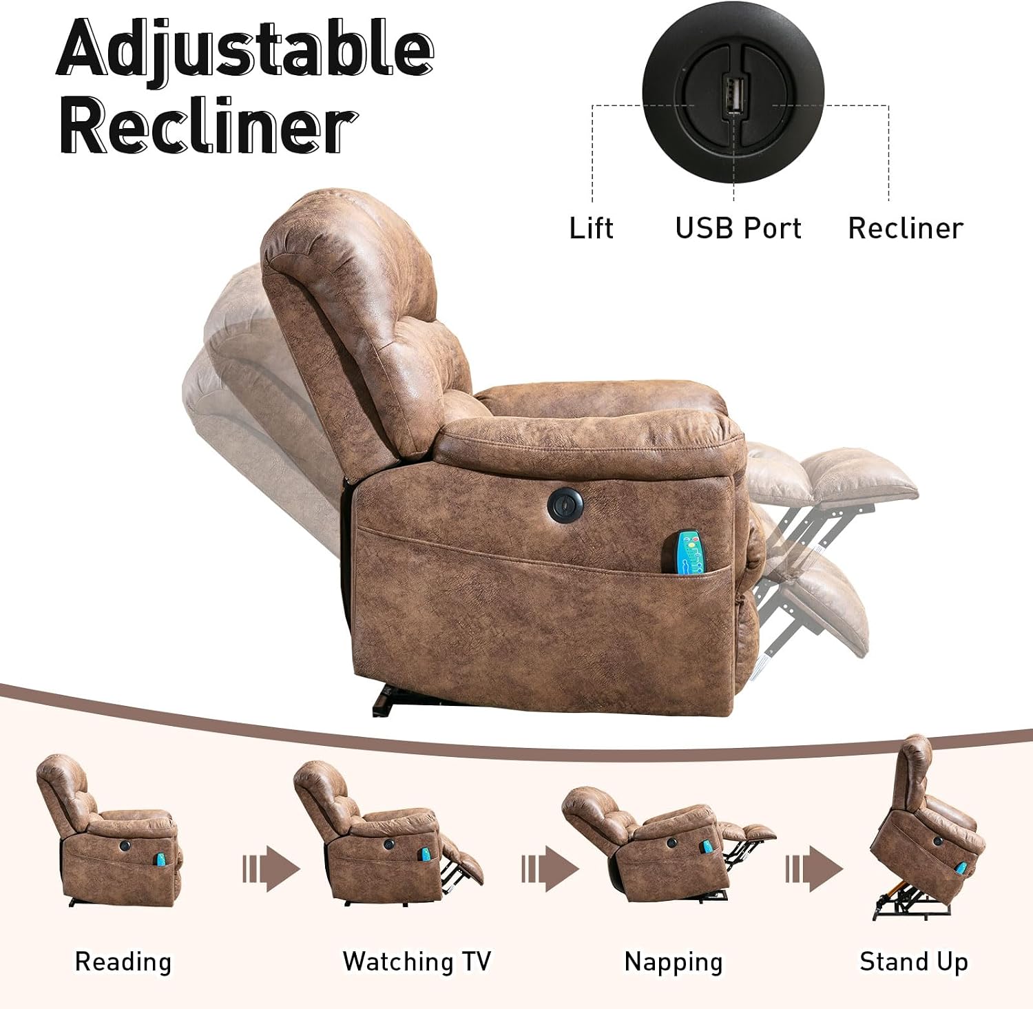 Bonzy Home Power Lift Chairs Recliner with Massage and Heating, Electric Recliner Chair with 24' Wide Seat for Big People, Full Padded Backrest, Waterproof Faux Leather, USB Charging Ports, Brown