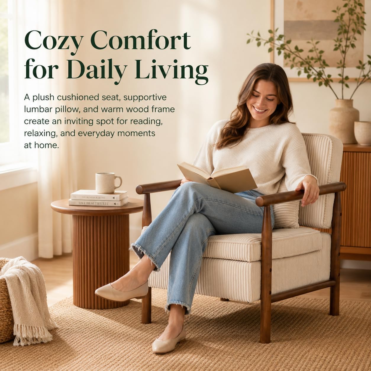 Accent Chair with Hidden Storage, Mid-Century Upholstered Armchair with Solid Wood Frame, Corduroy Fabric Accent Chair for Living Room, Bedroom, and Reading Corner(White)