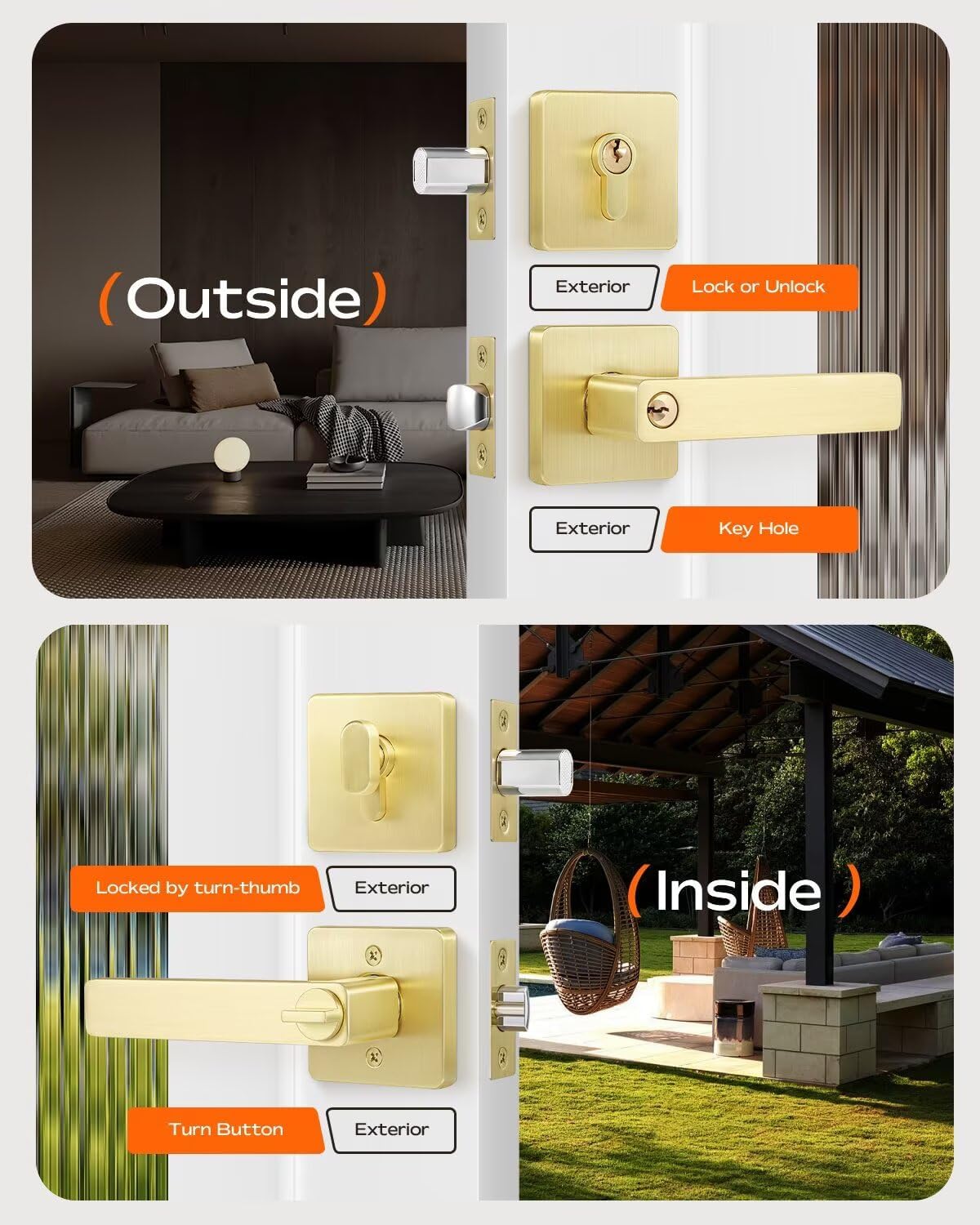 Leydebong 4 Pack Front Door Knob and Deadbolt Set, Keyed Alike Entry Door Locksets with Single Cylinder Deadbolt, Gold Door Lock Set for Bedroom/Office/Exterior Doors