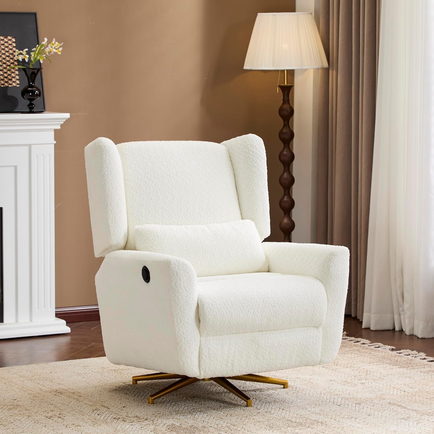 Christopher Knight Home Dolia Boucle Fabric Upholstered 360° Swivel Chair, Push-Back Power Recliner Chair, Iron Recliner Sofa with Rotation, Living Room Lounge Sofa, Adjustable Backrest, Beige+Gold