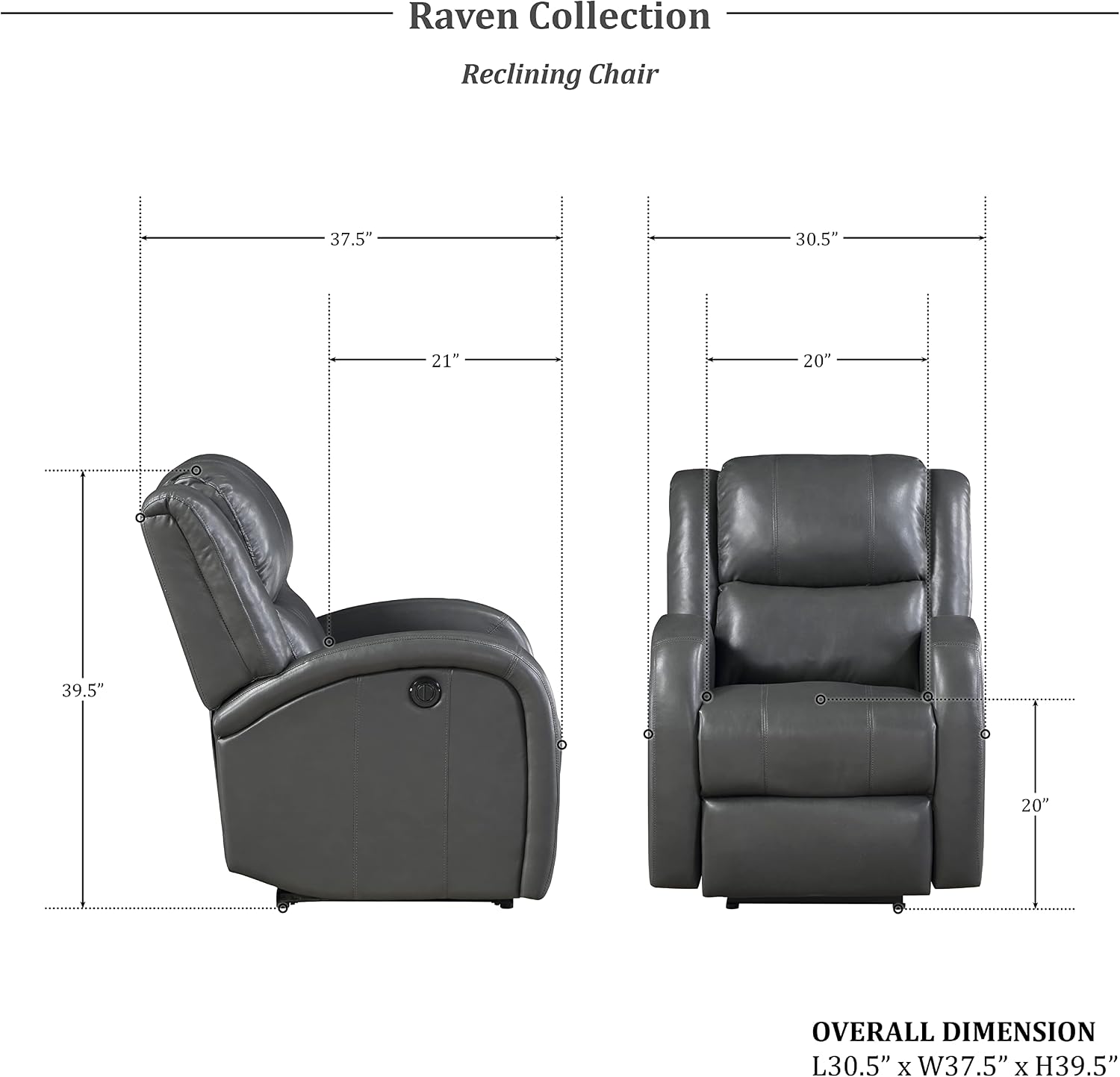 Lexicon Power Reclining Chair, Faux Leather Recliner with One-Touch Power Control, Home Theater Seating, Wall Hugger Recliner Chair, Comfortable Seating for Living Room or Bedroom, Gray