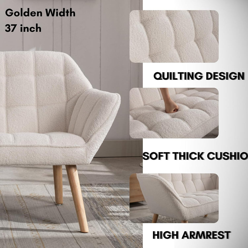 48'Small Loveseat Sofa, Modern Sherpa Upholstered Mini Couch 2-Seater Fluffy Love Seat with Quilting Backs and Wood Legs for Living Room, Bedroom and Small Space, White