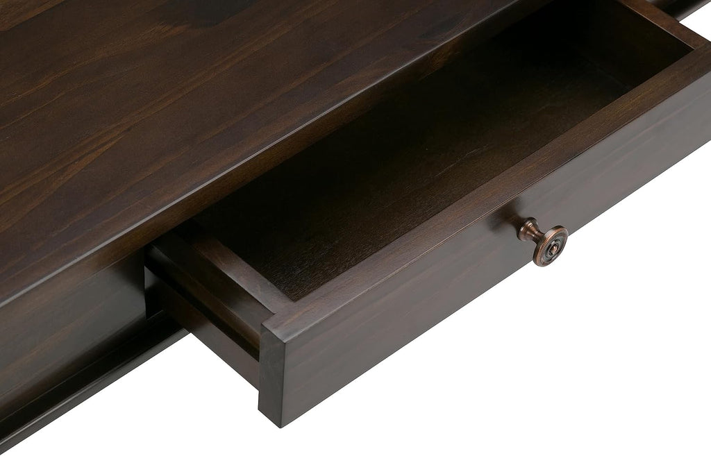 SIMPLIHOME Carlton Coffee Table - 44 inch Wide Solid Wood Transitional Cocktail Table in Dark Tobacco Brown, Classic Living Room Table with Open Storage Shelf and Clean-Lined Tapered Leg Design