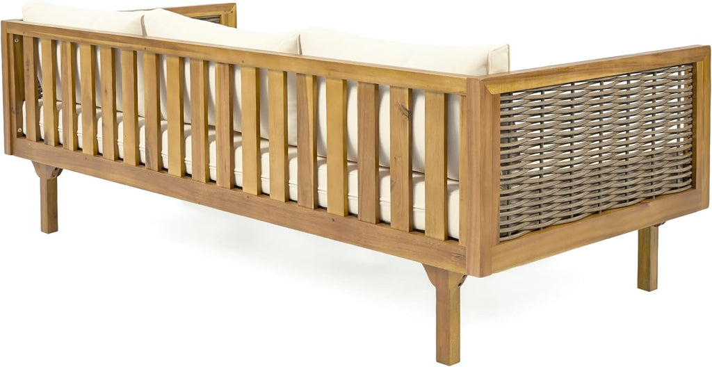 Christopher Knight Home Outdoor 3 Seater Acacia Wood Daybed with Fabric Water Resistant and Removable Cushions, Patio Garden Poolside Sofa with Wicker Armrest and Slat Paneling Back, Teak and Beige