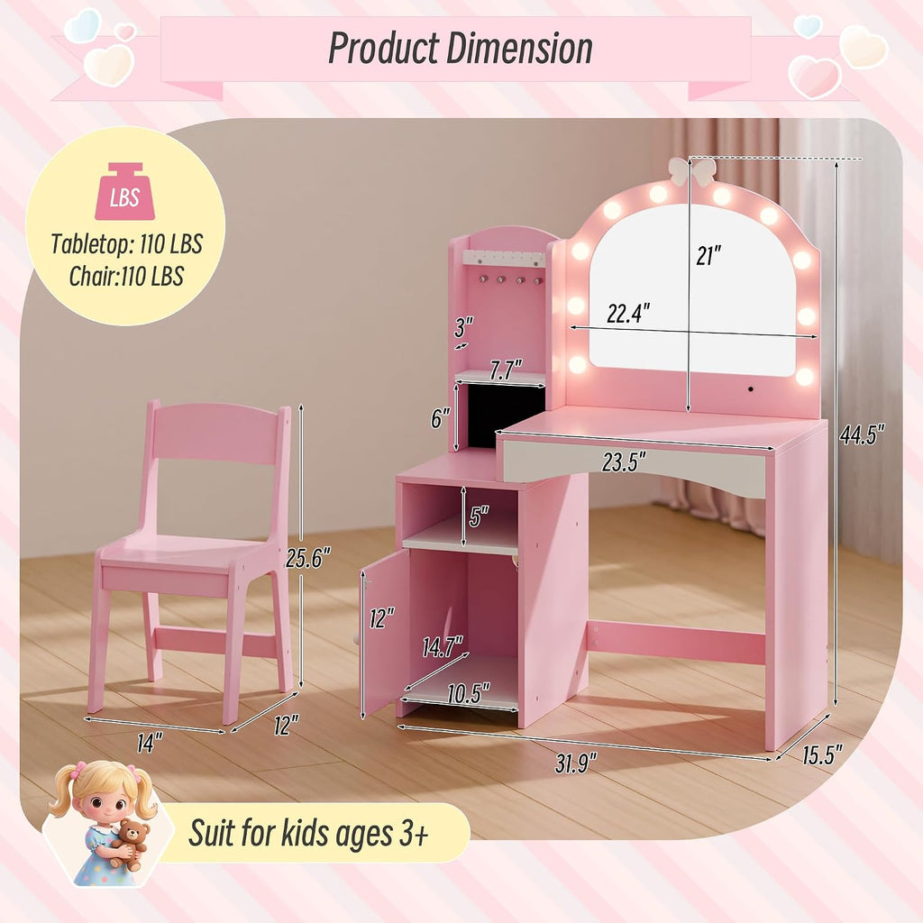 Girls Vanity Table and Chair Set, Kids Vanity with Jewelry Organizer for Princess, Toddler Makeup Vanity Desk with Open Shelf, Closed Cabinet and Butterfly Pattern, Pink