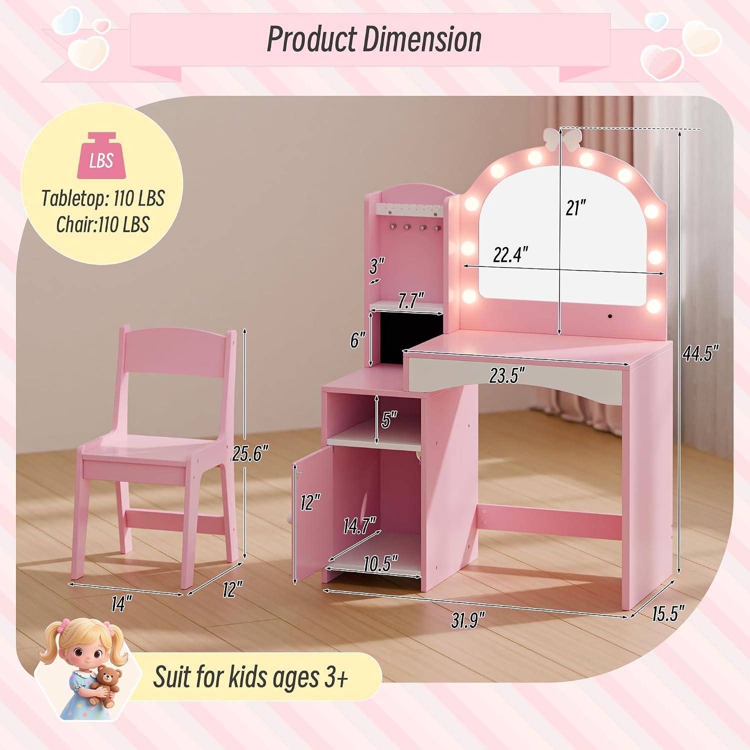 Girls Vanity Table and Chair Set, Kids Vanity with Jewelry Organizer for Princess, Toddler Makeup Vanity Desk with Open Shelf, Closed Cabinet and Butterfly Pattern, Pink
