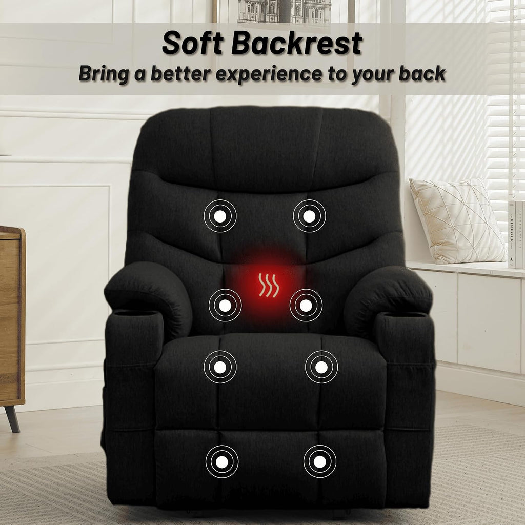 Korser Power Recliner Chair with Massage and Heating, Electric Recliner Chair for Elderly and Adults, Power Lift Recliner with Remote Control and Cup Holders for Living Room, Linen Fabric, Black