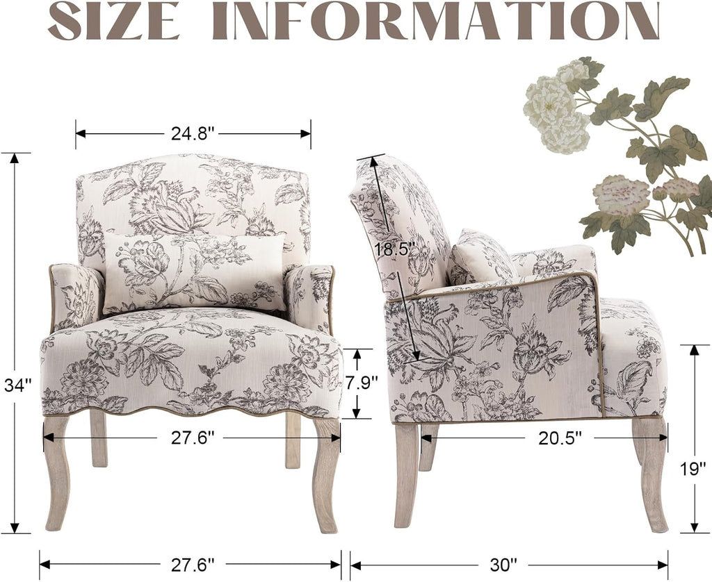 Floral Accent Chair Fabric Comfy Single Sofa Upholstered Modern Reading Chair with Removable Pillow Wingback Arm Chair for Living Room/Bedroom/Fireplace, Beige
