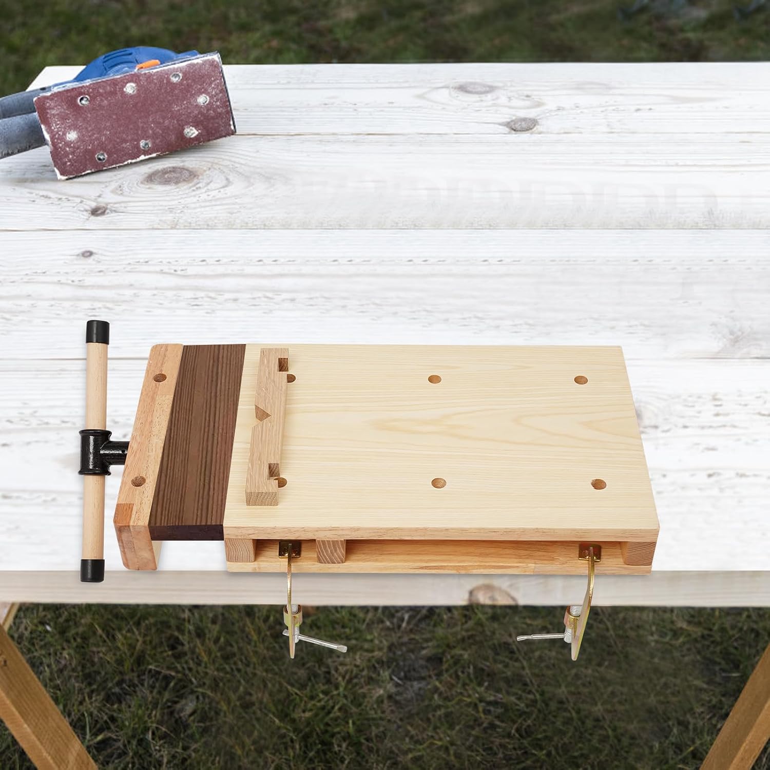 Portable Woodworking Bench with Adjustable Vise, Rubber Wood Workbench for DIY, Chiseling, Sawing, Planing, Compact Tabletop Workstation for Home & Workshop