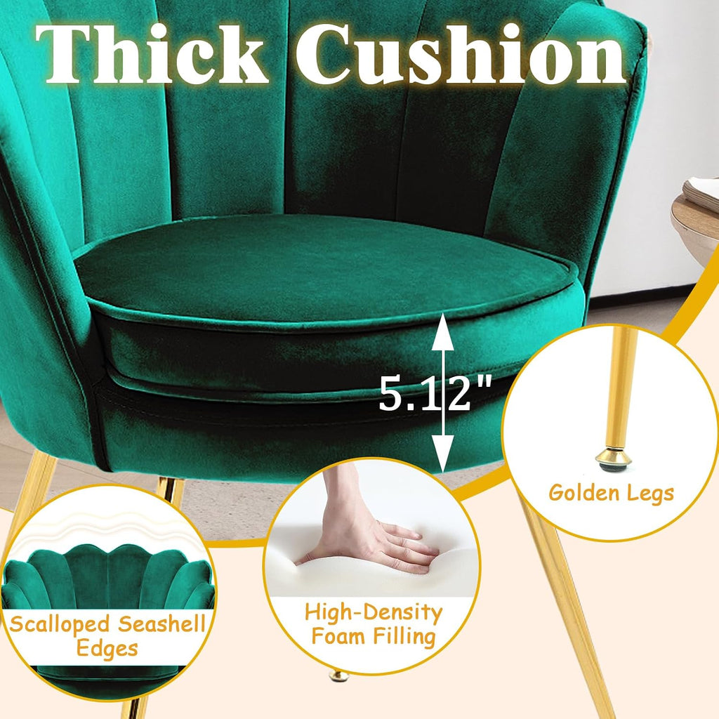 Czlolo Accent Chairs Set of 2 for Living Room, Velvet Upholstered Makeup Room Vanity Chair with Back, Golden Metal Legs Small Accent Side Chair for Bedroom, Cloud Chair Set, 2 Pcs Emerald Green