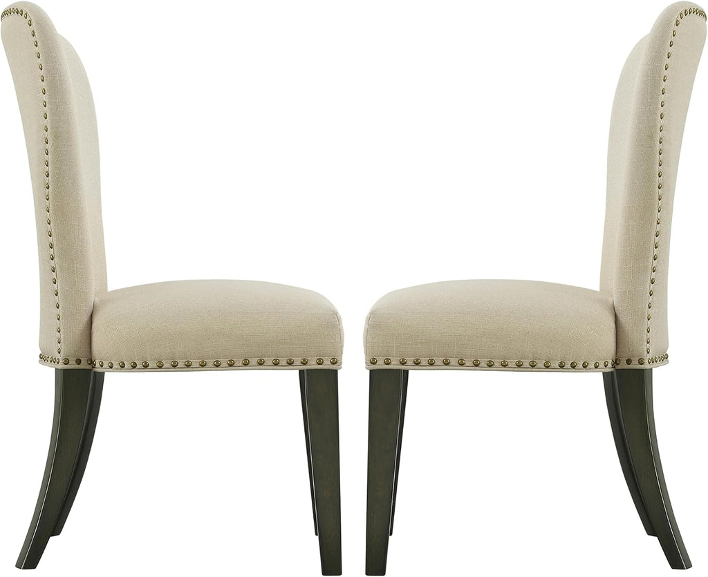 Savoy Upholstered Dining Chairs – Set of 2 Parsons Style Accent Chairs with Cream Linen Fabric, Nailhead Trim, and Dark Stained Legs – for Dining Room, Desk, or Sitting Area by Alaterre Furniture