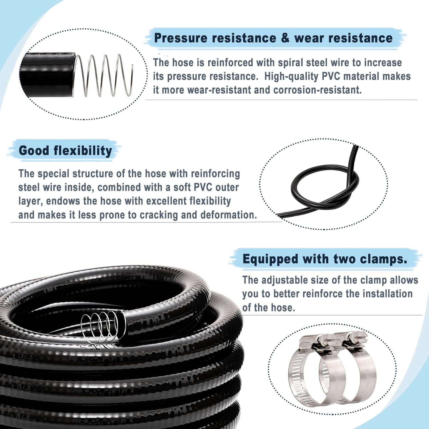 EASTRANS 1-1/2' x 50ft Reinforced Steel Wire Water Tubing Flexible Pool Suction Discharge Hose for Pump with 2 Clamps, Black Vacuum Dust Collection Pipe