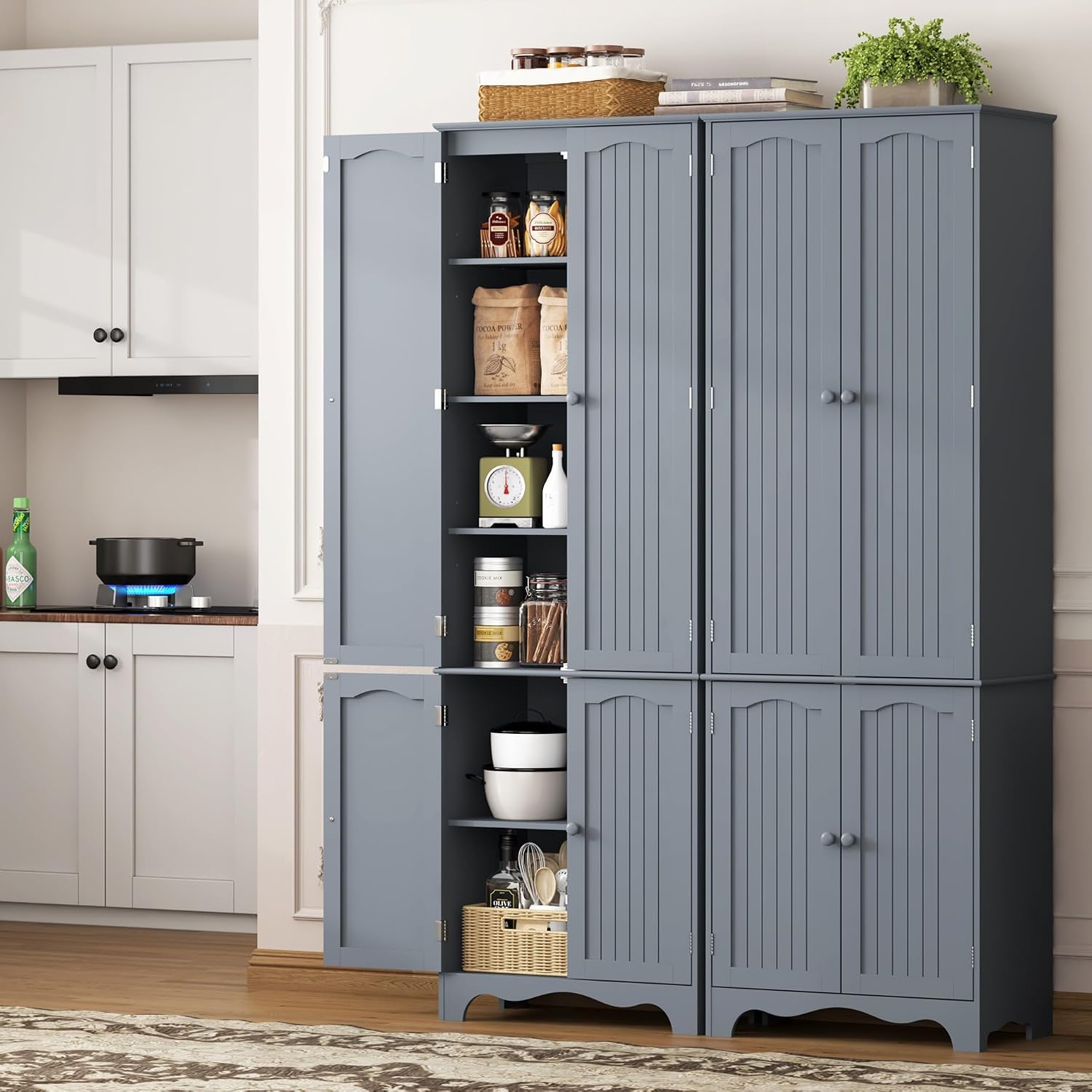 Function Home Tall Pantry Cabinet, Freestanding Storage Cabinet, Wooden Kitchen Pantry with 4 Doors and 5 Shelves, 72' Floor Cabinet Organizer for Kitchen Living Room Bathroom, Grey