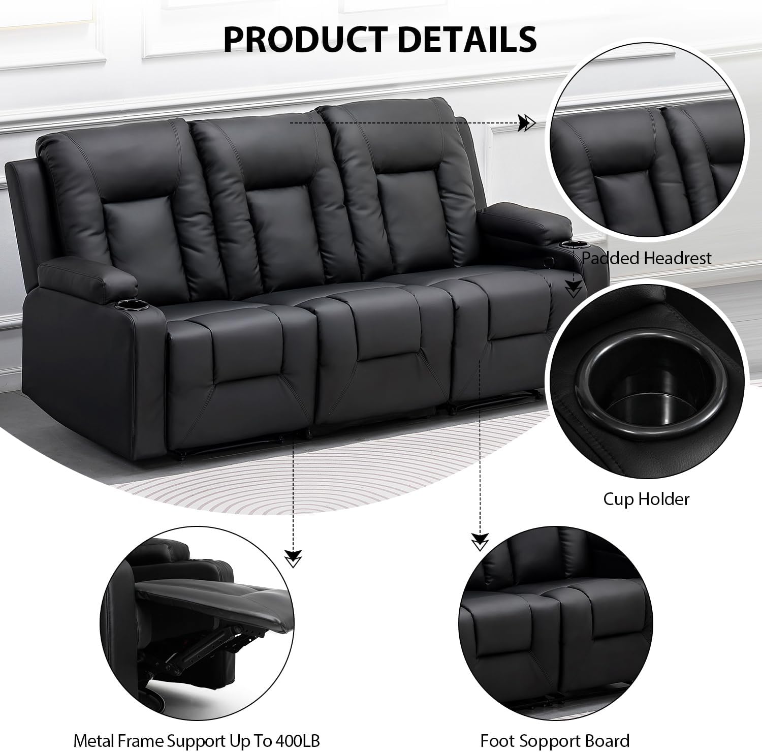 COMHOMA Recline Chair Set，Furniture 3PC Bonded Leather Recliner Set Living Room Set, Sofa, Recline Chair with massger(Black,Living Room Set 3)