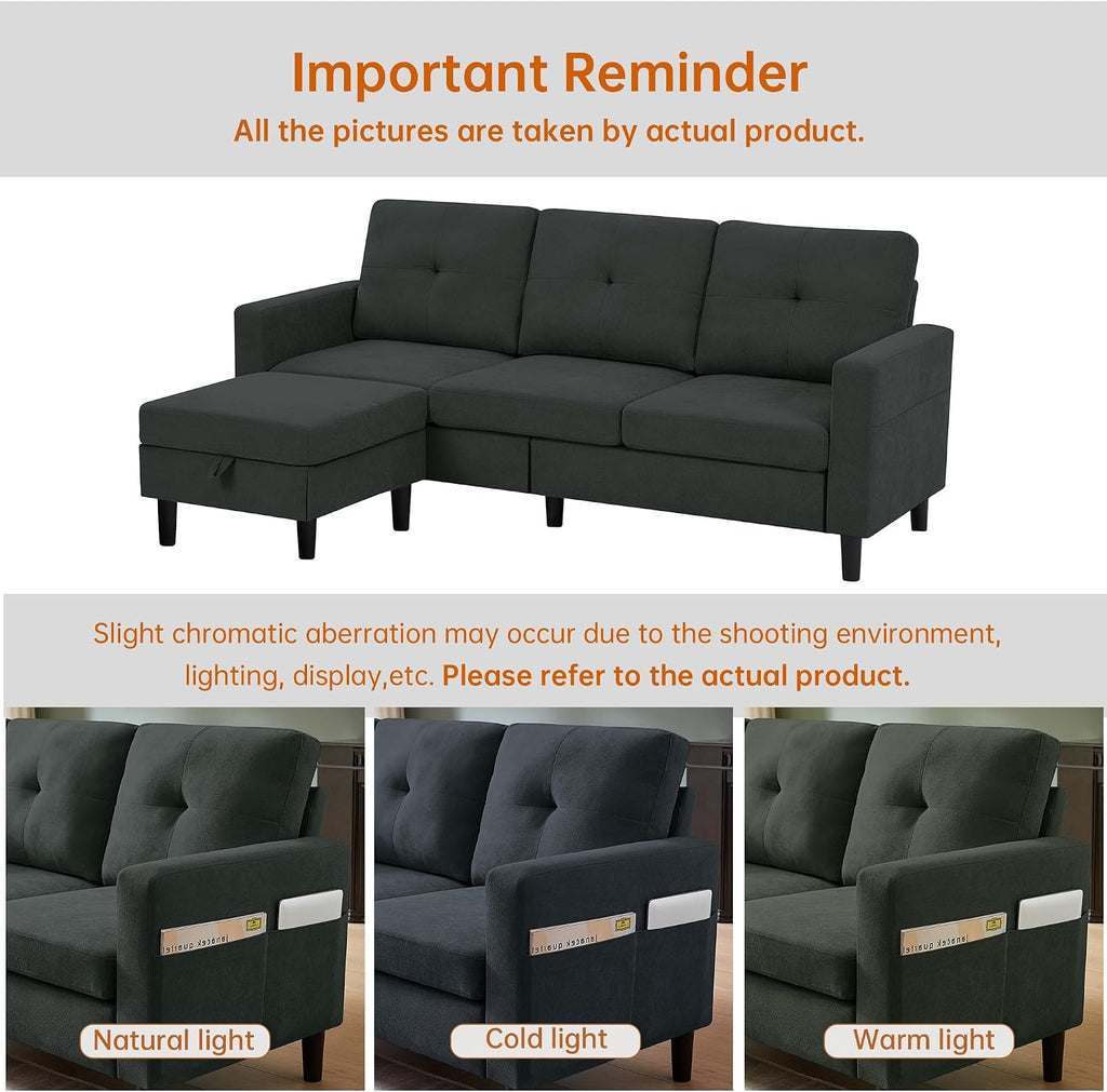 Sectional Sofa Couches for Living Room, L Shaped Couch 3-Seat Convertible Sectional Sofas with Removable Storage Ottoman, Modern Polyester Fabric (Black)