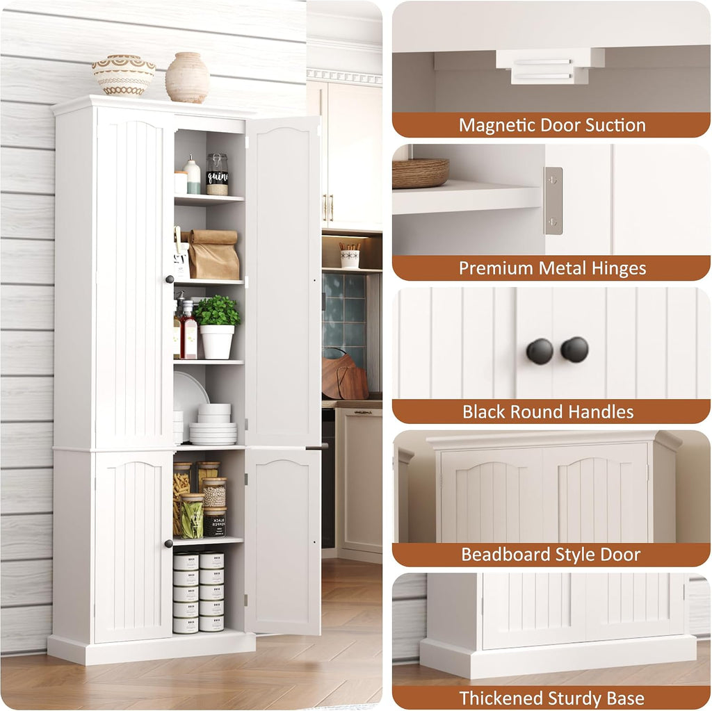 Function Home 72' Kitchen Pantry Cabinet, Tall Wood Storage Cabinet with Doors and Adjustable Shelves, 6-Tier Freestanding Cupboard for Kitchen Dining Room Living Room Bathroom, White