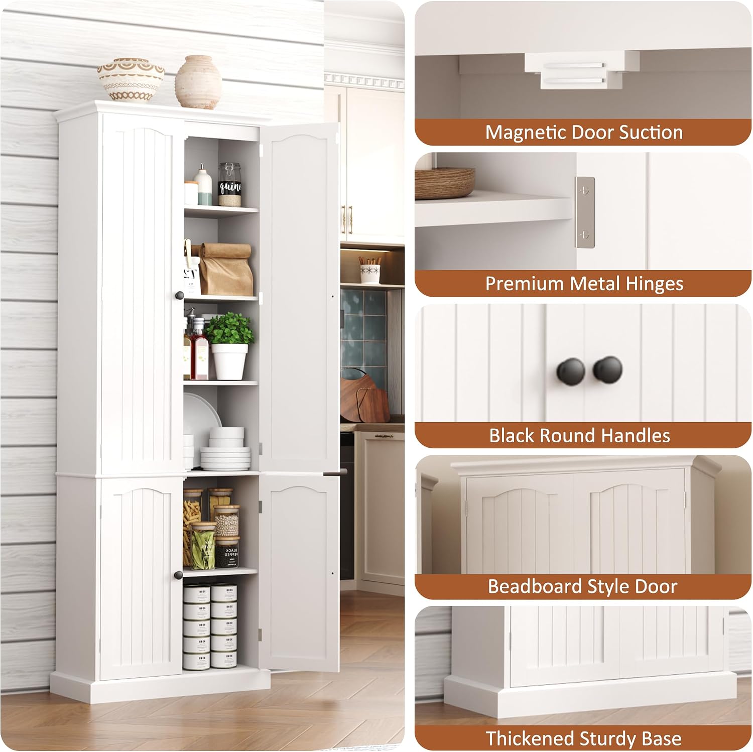 Function Home 72' Kitchen Pantry Cabinet, Tall Wood Storage Cabinet with Doors and Adjustable Shelves, 6-Tier Freestanding Cupboard for Kitchen Dining Room Living Room Bathroom, White