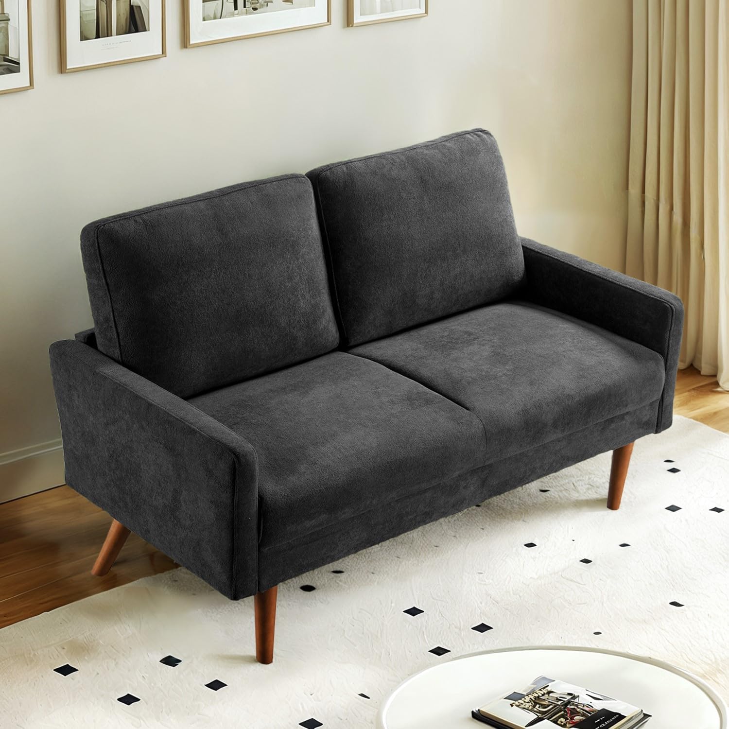 Kent Velvet Loveseat Sofa, European Style with Sleek Design, Modern & Vintage Flair, Upholstered 2 Seater Couch, Chic Living Room Furniture Seating for Home, Apartment or Office, Black