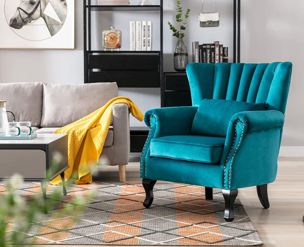 Kmax Teal Blue Accent Chair Velvet Wingback Chair with Pillow Nail-Head Channel Tufted Oversized Club Chair for Living Room Bedroom Guest Room