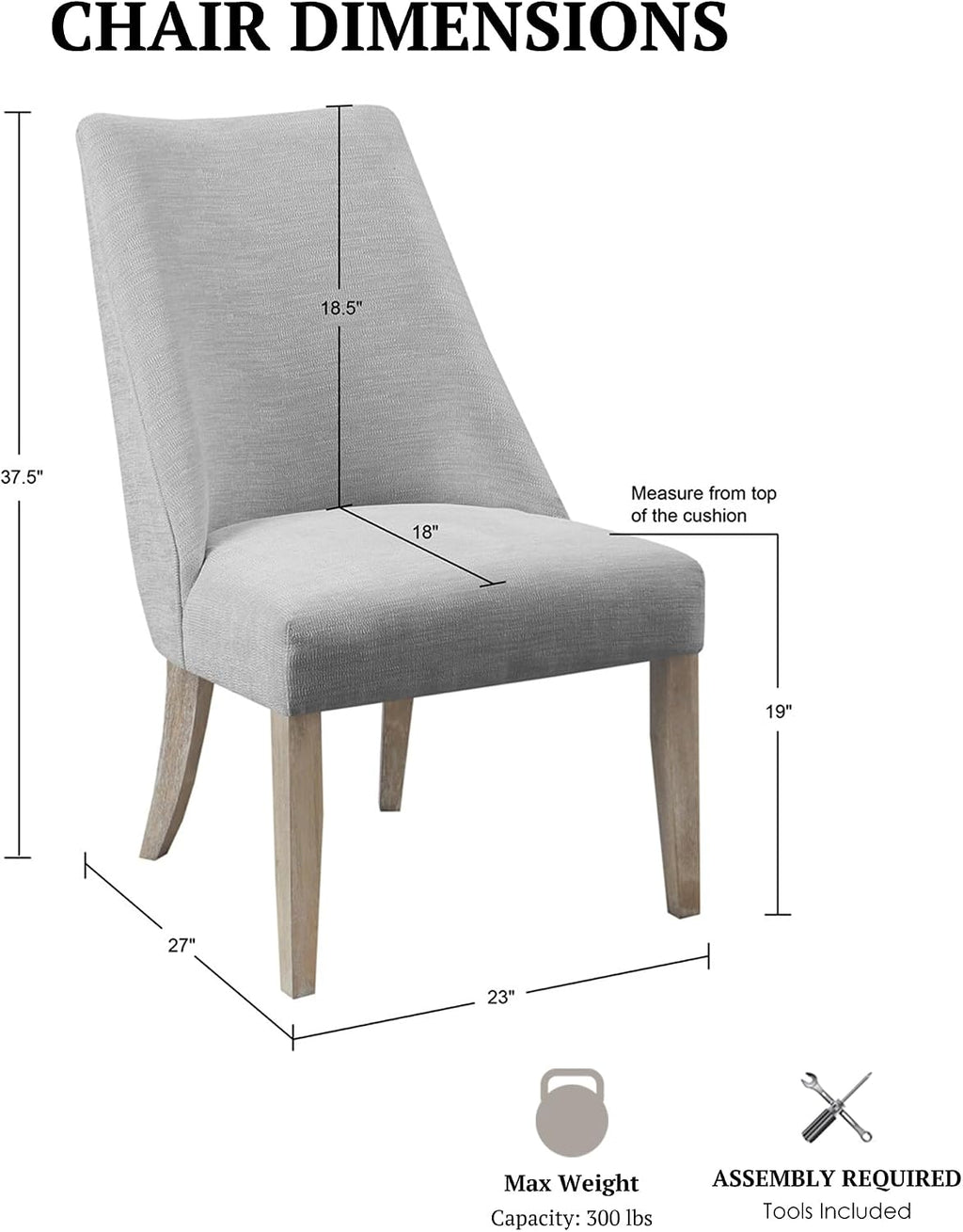 Martha Stewart Winfield Upholstered High Back Accent Dining Chairs Set of 2, Padded Seat, Solid Wood Legs, Chambray Jacquard Textured Fabric, Cottage, Farmhouse for Kitchen, Room, Light Grey