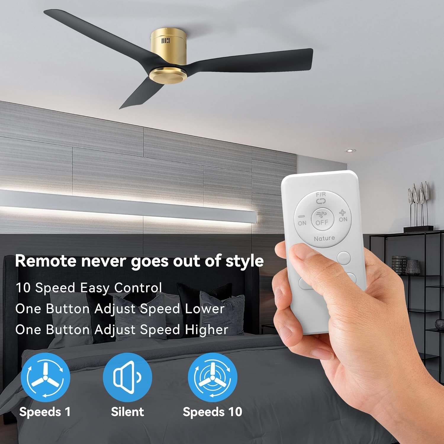 SMAAIR Ceiling Fans No Light and Remote,52 Inch Modern Ceiling Fan without Light with Quiet DC Motor,10 Speeds,Flush Mount,3 Blades,Low Profile,Indoor Ceiling Fan for Living Room Bedroom, Black/Gold