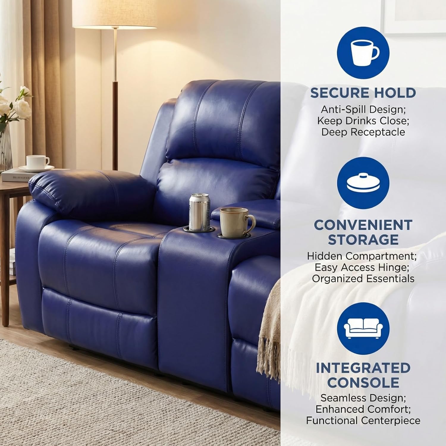 Manual Leather Recliner Sofa Set, Adjustable Backrest Reclining Loveseat Sofa & Recliner Chair, Comfortable Reclining Seats for Home Theater, Apartment, Dark Blue