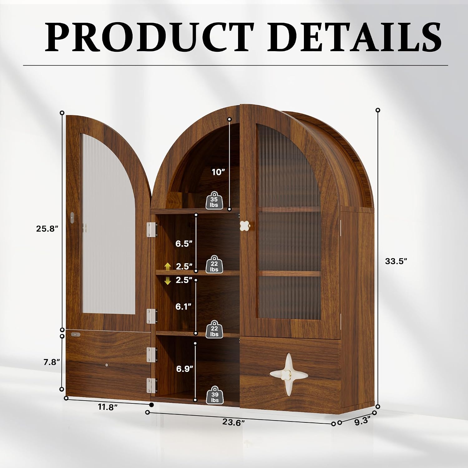 BREEZEHEAT Arched Bathroom Wall Cabinet, Medicine Cabinet Over Toilet Storage w/Fluted Glass Doors & Adjustable Shelf, Wood Hanging Cupboard for Laundry Room, Entryway, Kitchen, Walnut,23.6x33.5 Inch