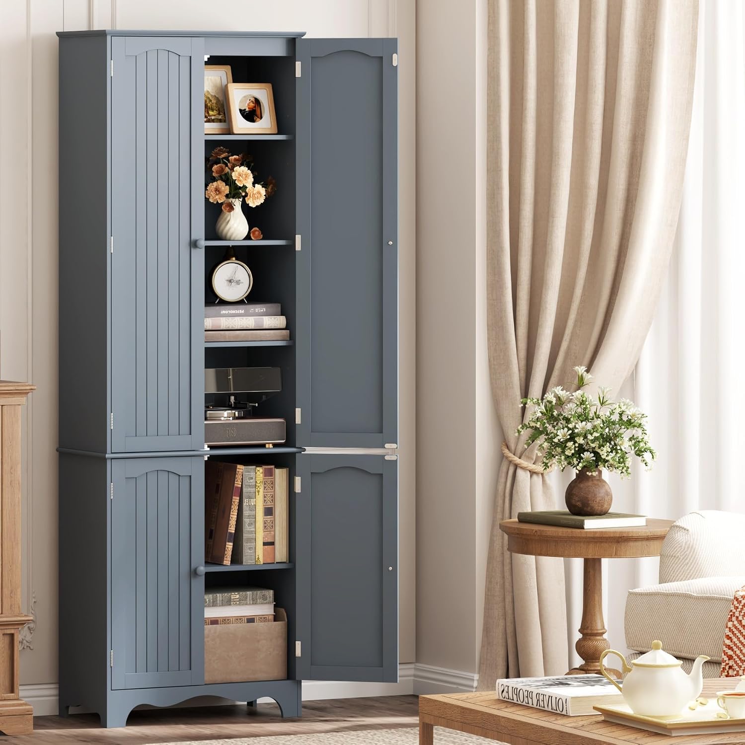 Function Home Tall Pantry Cabinet, Freestanding Storage Cabinet, Wooden Kitchen Pantry with 4 Doors and 5 Shelves, 72' Floor Cabinet Organizer for Kitchen Living Room Bathroom, Grey
