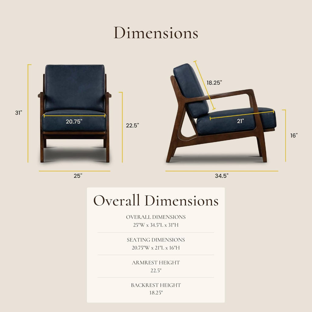 Poly & BARK Verity Leather Accent Chair – Armchair with Walnut Wood Frame – Fashion-Forward Lounge Seating for Living Room – Upholstered in Midnight Blue Leather for Modern Style