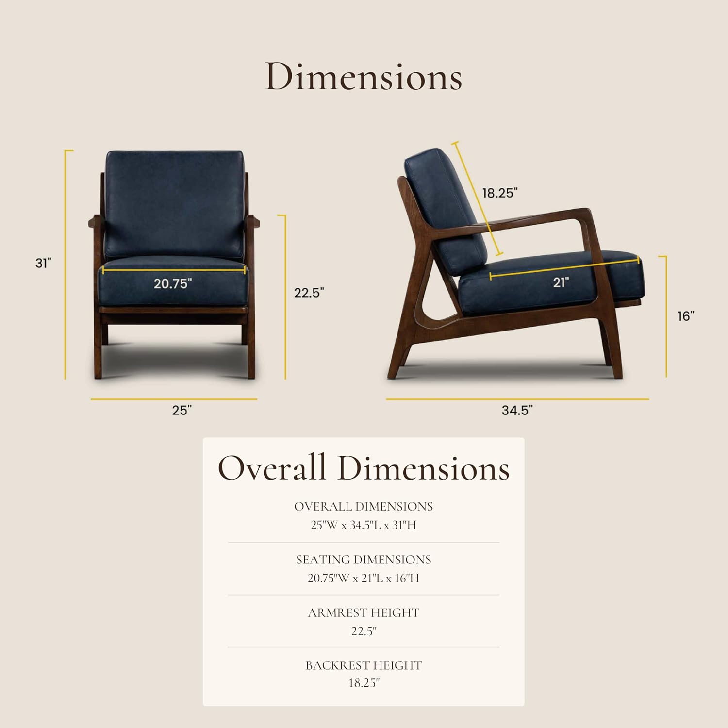 Poly & BARK Verity Leather Accent Chair – Armchair with Walnut Wood Frame – Fashion-Forward Lounge Seating for Living Room – Upholstered in Midnight Blue Leather for Modern Style