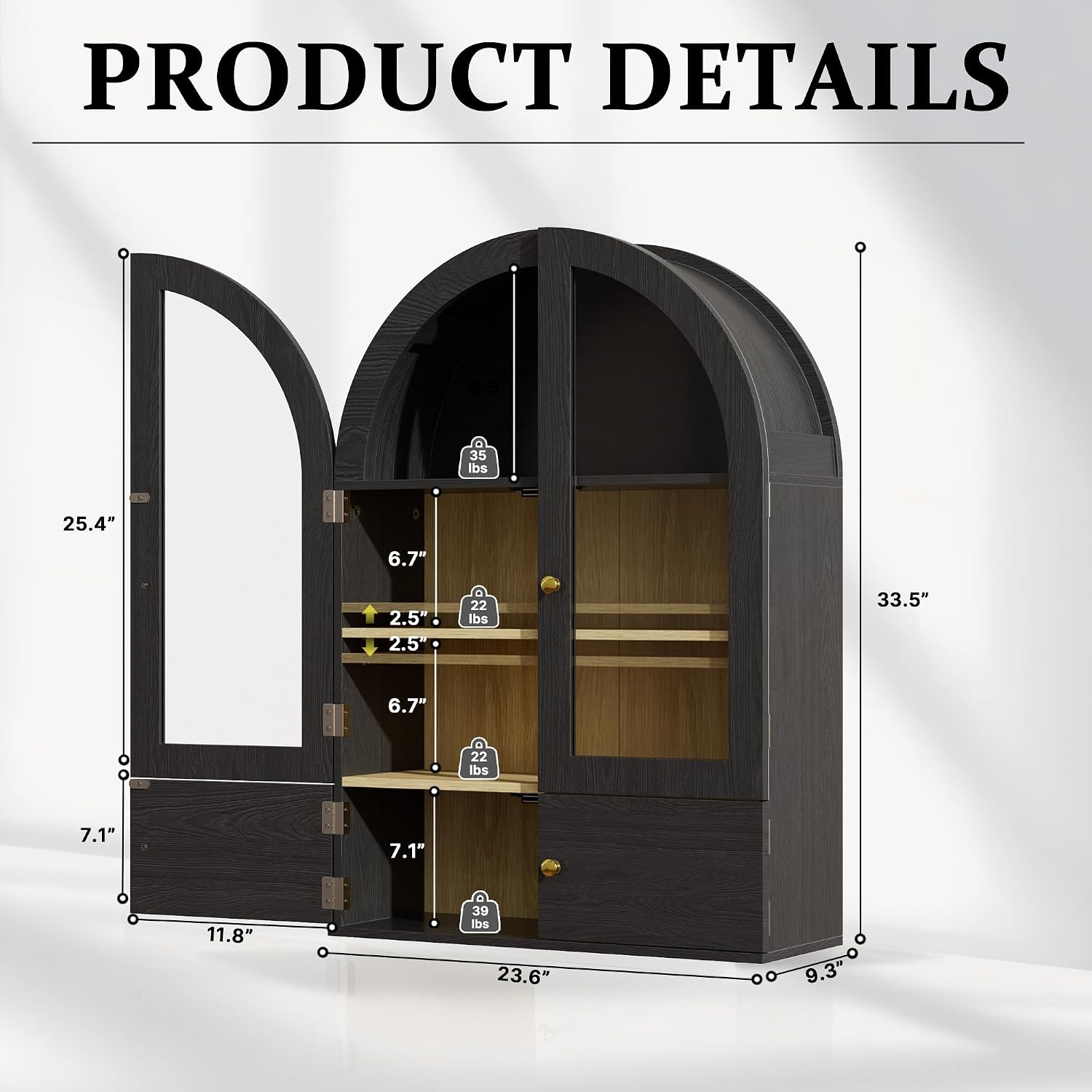 BREEZEHEAT Arched Bathroom Wall Cabinet, Floating Medicine Cabinet Over Toilet Storage w/Glass Doors, Adjustable Shelf, Wood Hanging Cupboard for Laundry Room/Kitchen/Hallway, Black, 23.6x33.5 Inch