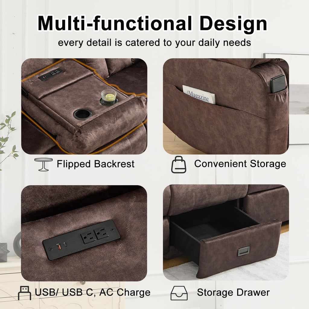 Loveseat Recliner Sofa,4 Seater Recliner Couch, Manual Reclining Loveseat with Console for Living Room, Home Theater Seating with AC/USB C/USB Ports Drawer Cup Holder(Velvet Brown, 4 Seater)
