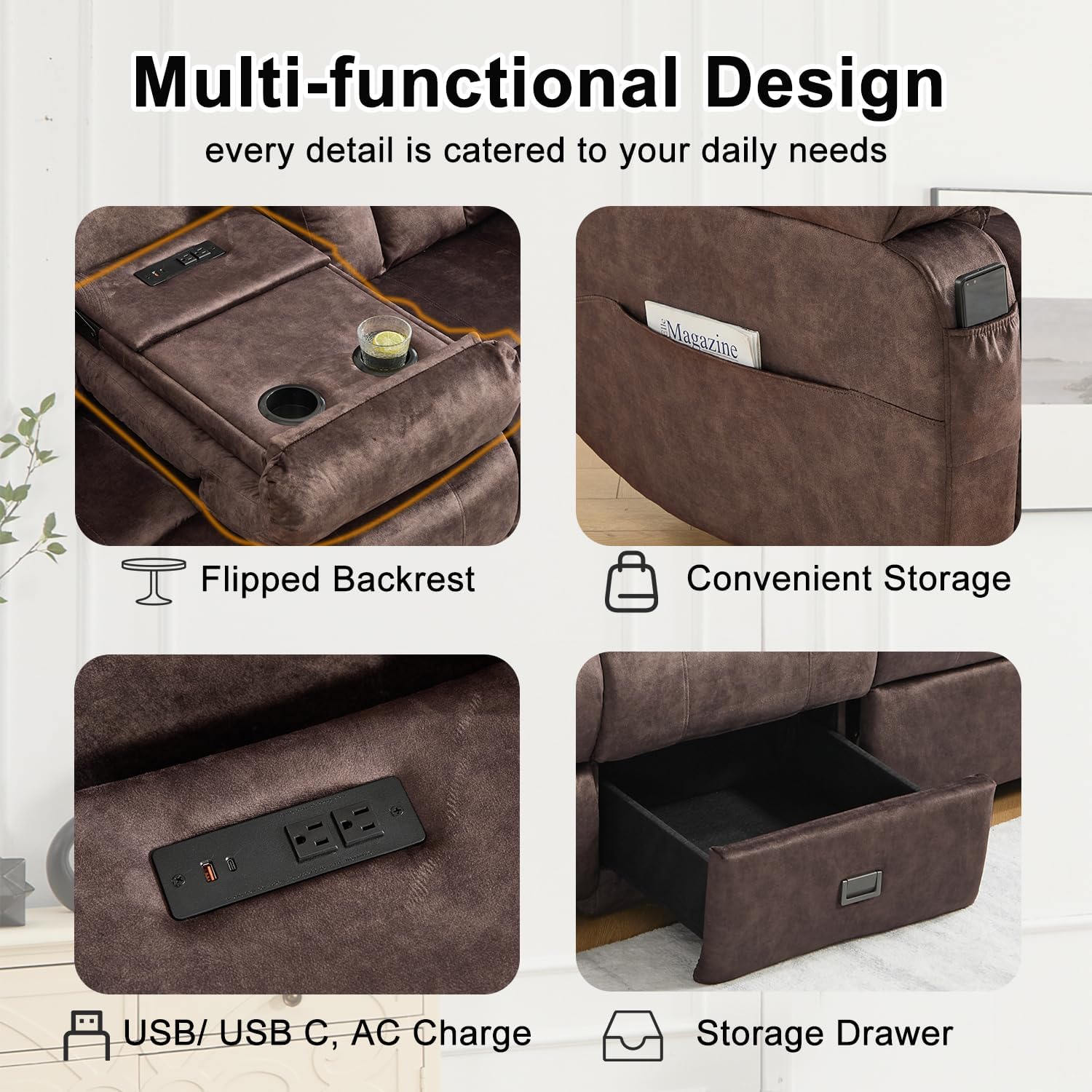 Loveseat Recliner Sofa,4 Seater Recliner Couch, Manual Reclining Loveseat with Console for Living Room, Home Theater Seating with AC/USB C/USB Ports Drawer Cup Holder(Velvet Brown, 4 Seater)