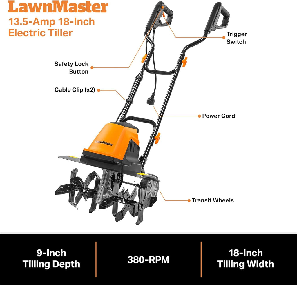 LawnMaster 13.5 Amp 18' Electric Tiller – TE1318M