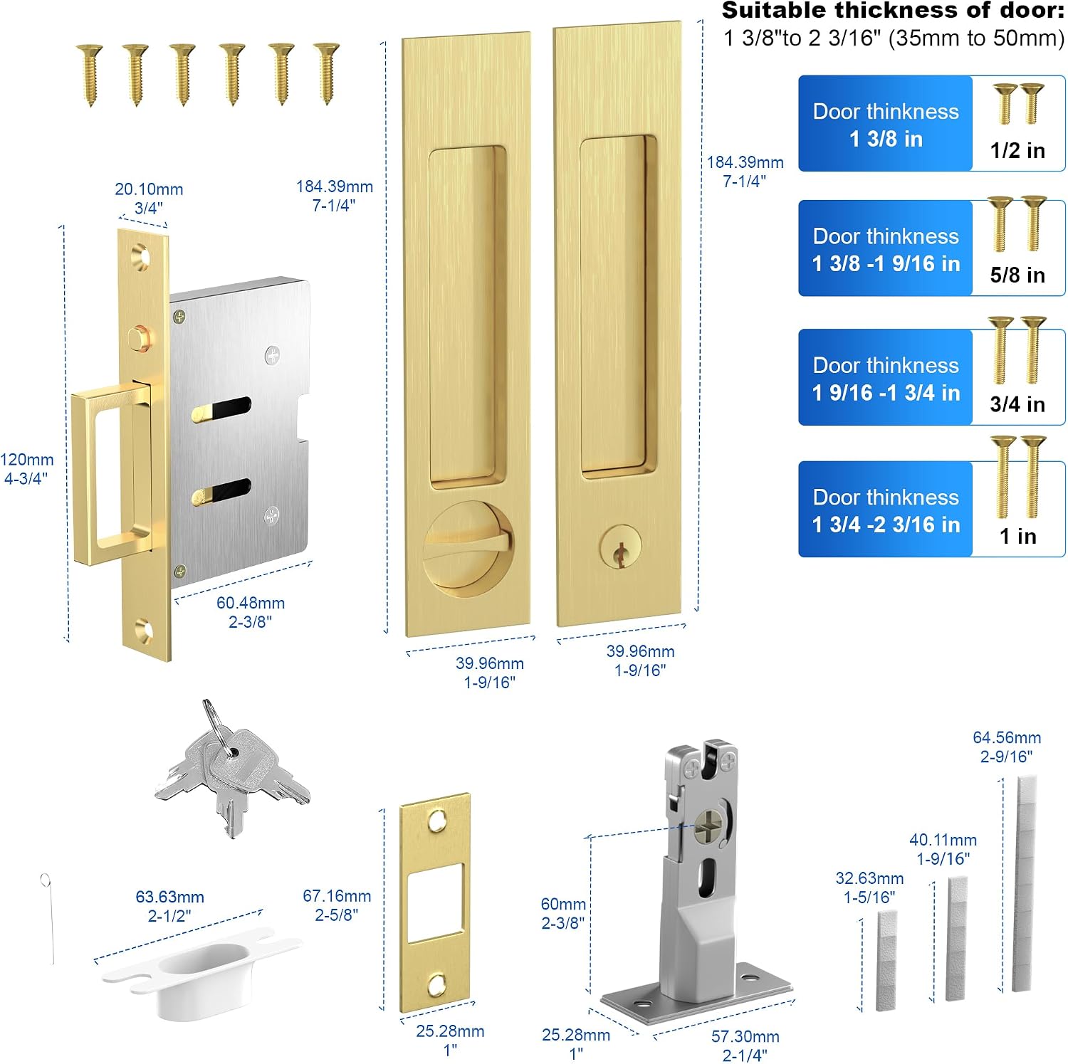 Dontay Pocket Door Handle and Edge Pull, Narrow Modern Rectangular Keyed Entry Function, Recessed Sliding Door Hardware for 1 3/8' to 2 3/16' Thickness Door (Keyed Lock, Satin Brass, 2 Pack)