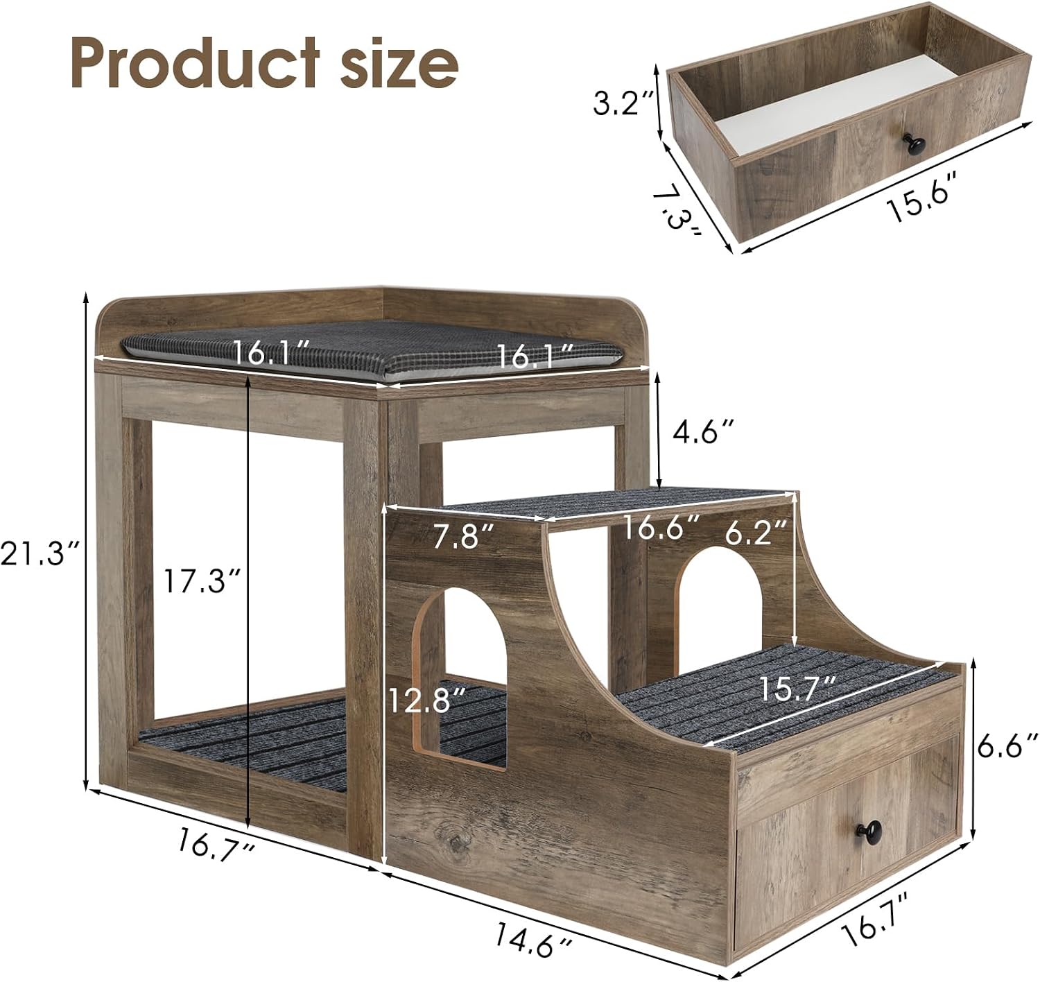 Pet Bunk Bed for Cats, Multi-Level Pet Window Perch Seat Platform with Removable Stairs and Mats for Cats and Dogs, Pet Bed Couch with Drawers for Bedside, Home, Indoor Use, Grey