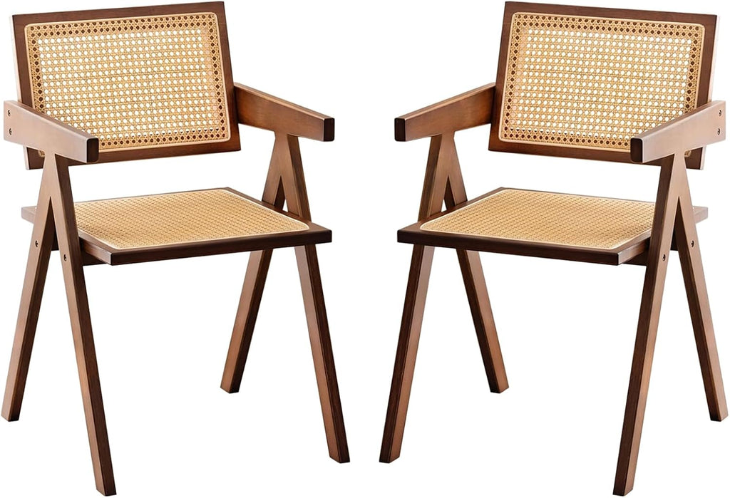Furlide Rattan Accent Chairs, Modern Mid Century Dining Chairs Set of 2, Comfy Armchairs, Outdoor Rattan Chairs with Armrest for Bedroom Living Room Reading Room Dining Kitchen, Brown