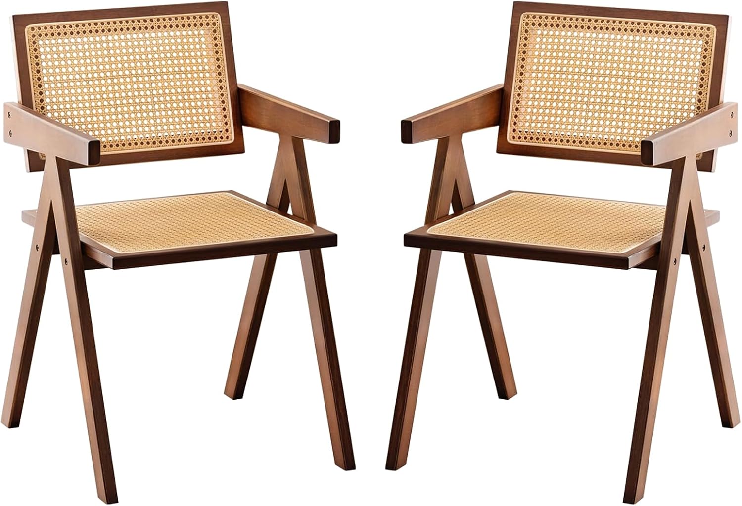 Furlide Rattan Accent Chairs, Modern Mid Century Dining Chairs Set of 2, Comfy Armchairs, Outdoor Rattan Chairs with Armrest for Bedroom Living Room Reading Room Dining Kitchen, Brown