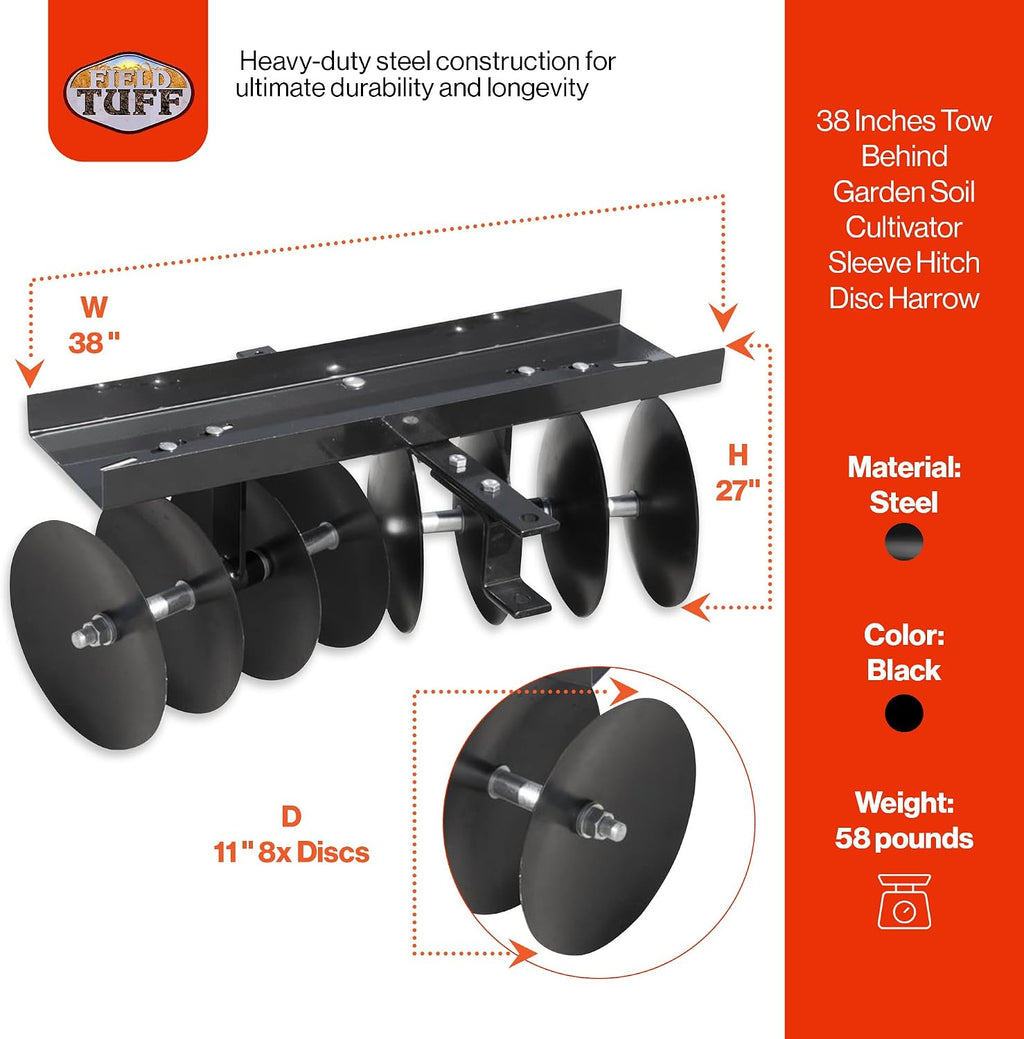 Field Tuff Steel Tow Behind Sleeve Hitch Garden Cultivator Soil Tiller Disc Harrow Tractor Attachment with 39 Inch Working Width, 11 Inch Discs, Black