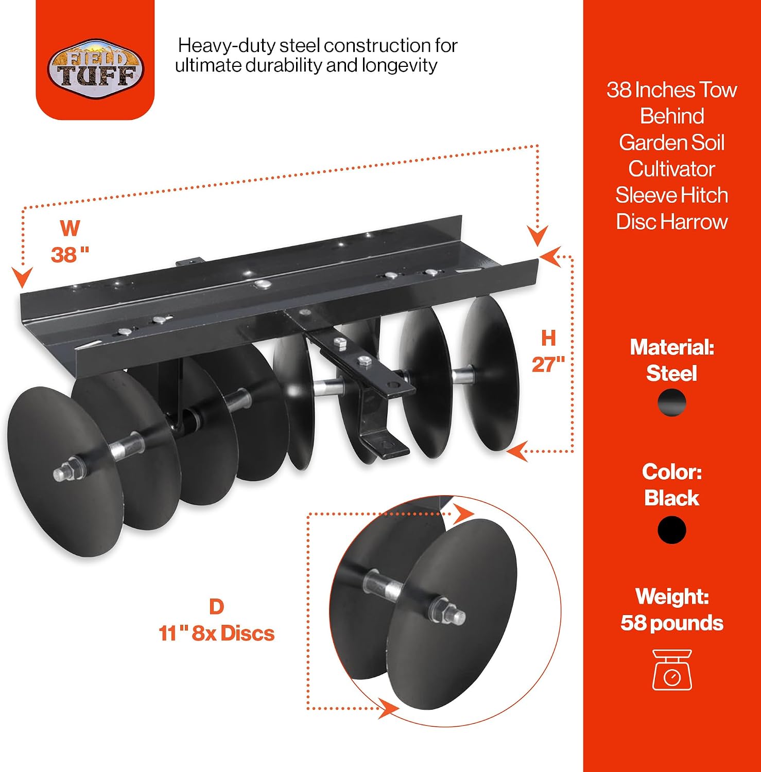 Field Tuff Steel Tow Behind Sleeve Hitch Garden Cultivator Soil Tiller Disc Harrow Tractor Attachment with 39 Inch Working Width, 11 Inch Discs, Black