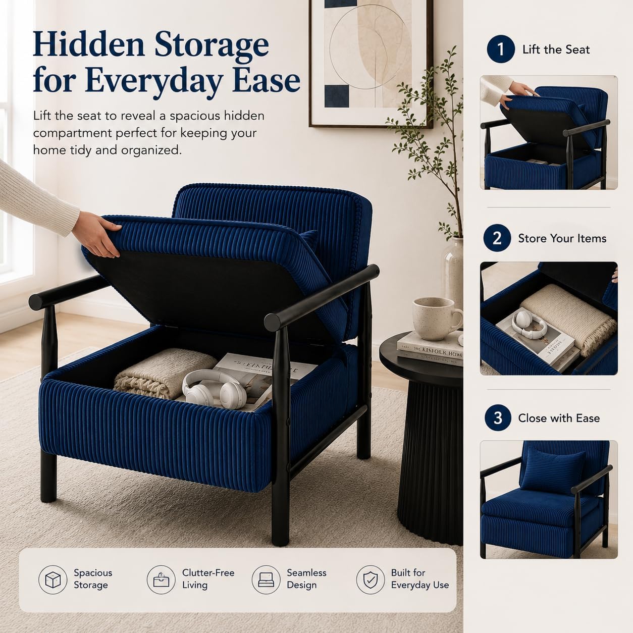 Accent Chair with Hidden Storage, Mid-Century Upholstered Armchair with Solid Wood Frame, Corduroy Fabric Accent Chair for Living Room, Bedroom, and Reading Corner(Blue)