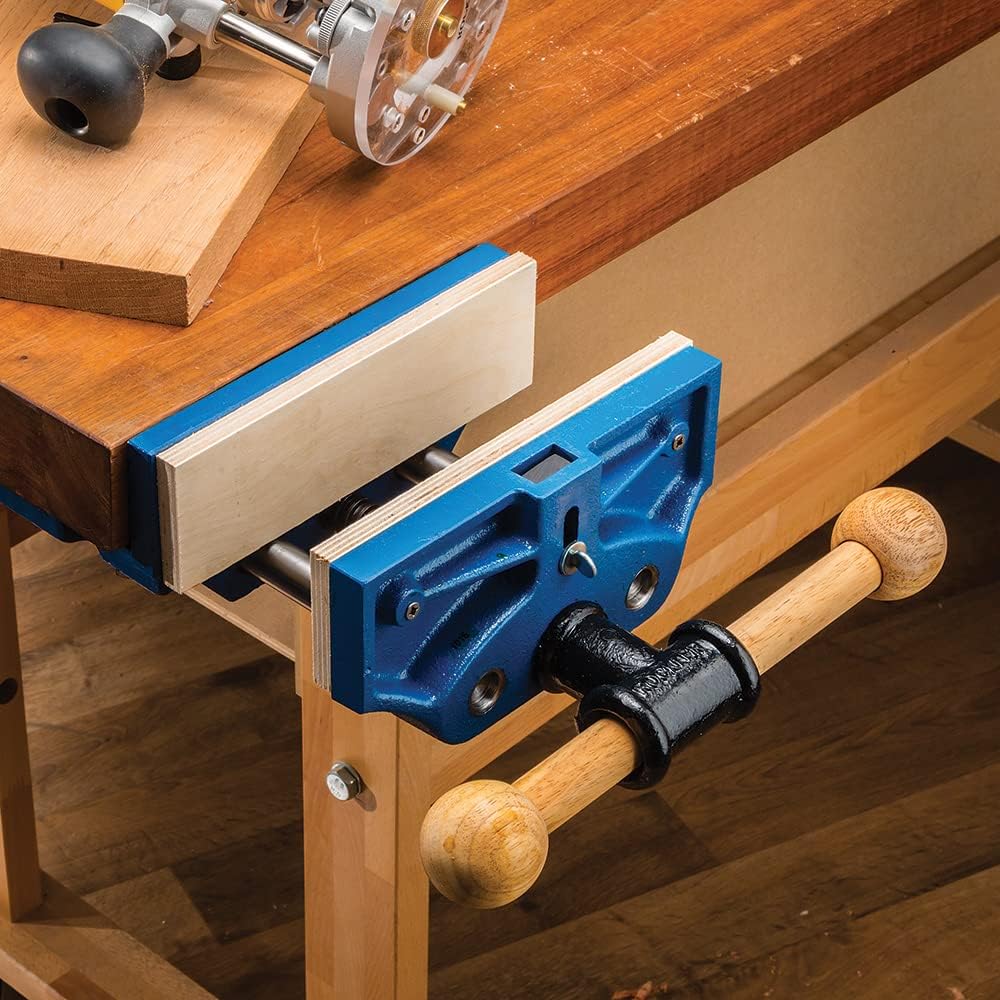 Rockler 9 Inch Quick Release Workbench Vise - Heavy Duty Bench Vise for Woodworking - Cast Iron Table with 13 Inch Jaw Opening, Woodworking Bench Clamp with Adjustable Dog for Panels.