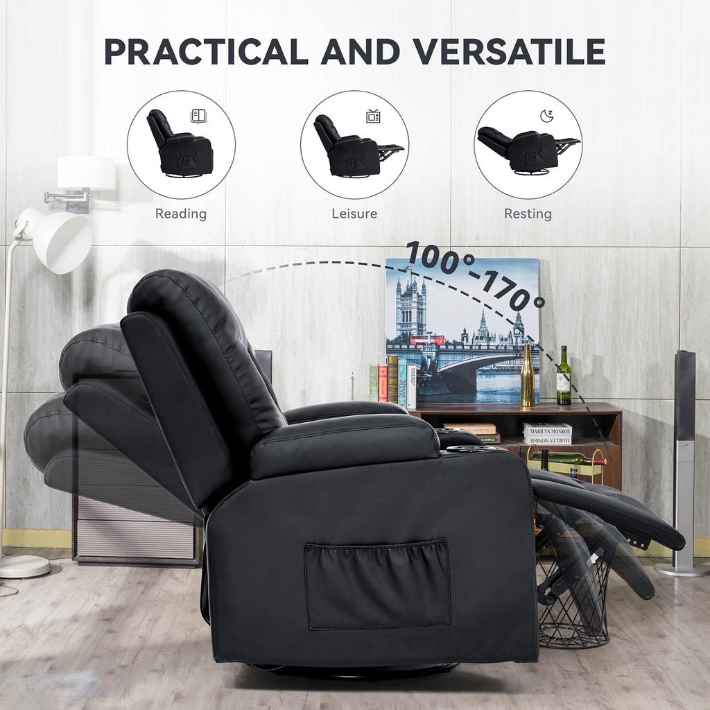 COMHOMA Living Room Furniture Set,Bonded Leather Loveseat Sofa with Cup Holder Recliner Chair,Black