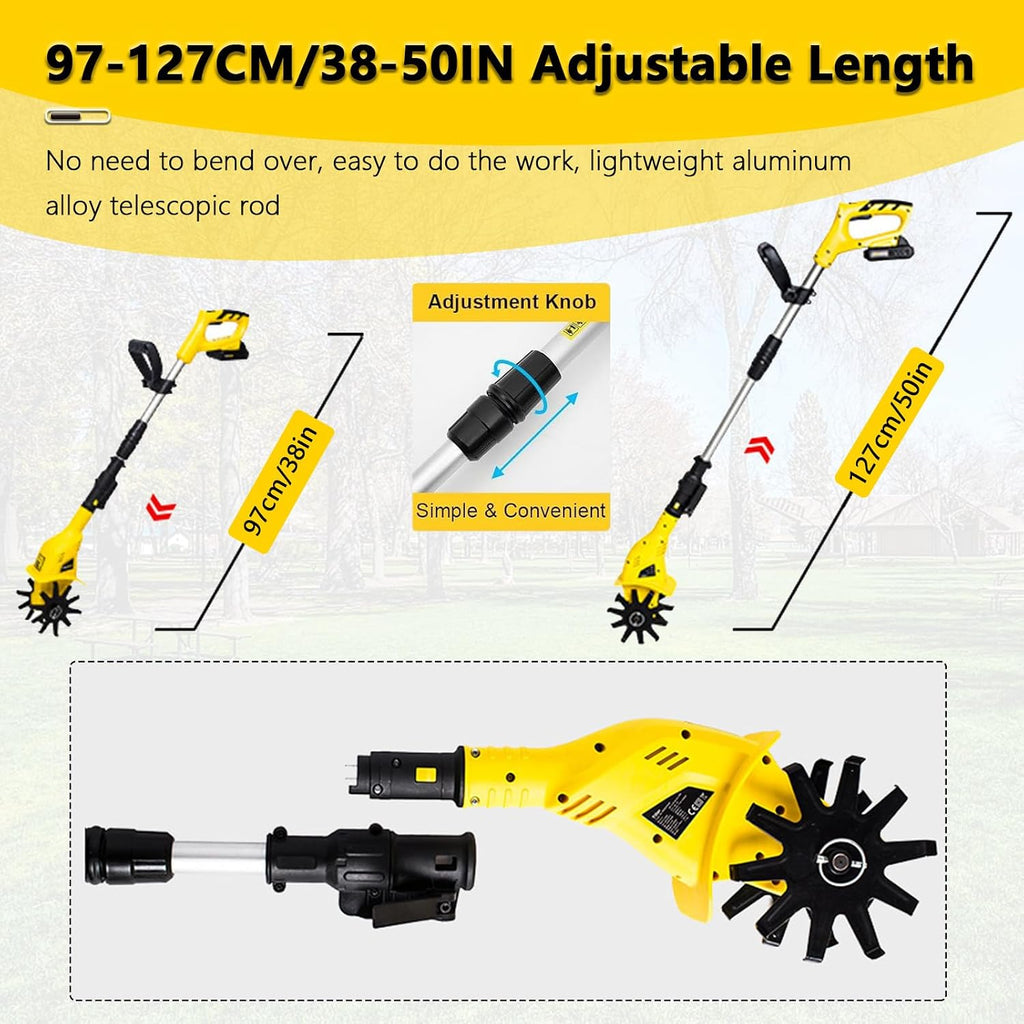 Electric Garden Tiller, Rototiller Tool with Aluminum Alloy Telescopic Rod, Ergonomic Handle, Electric Garden Rototiller for Garden Lawn Soil Digging, Included Battery