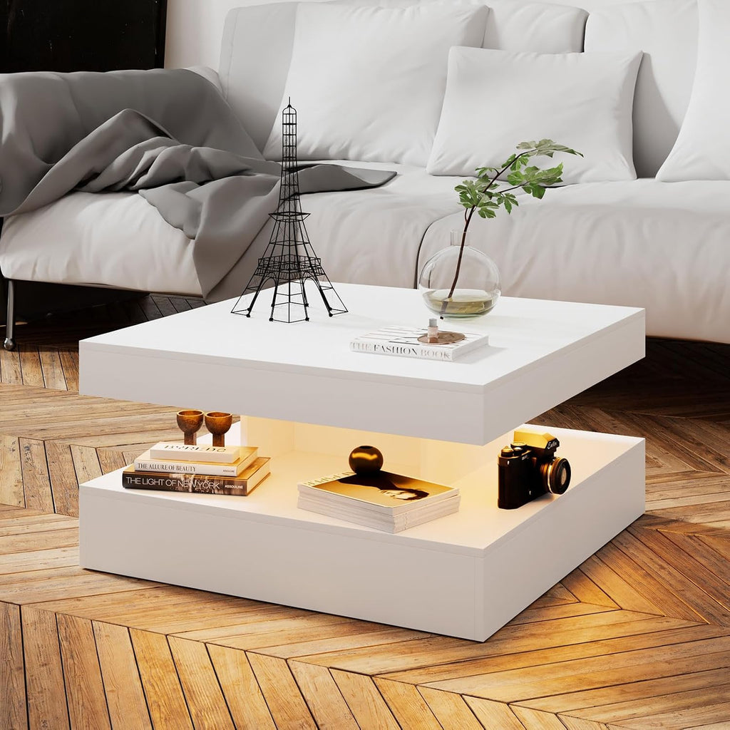 HedoAjim White LED Coffee Table for Living Room, Living Room Table 2-Tier Square Middle Center Table, Modern Coffee Tables with Storage, Wood Tea Tables for Dining Reception, Skin Feeling