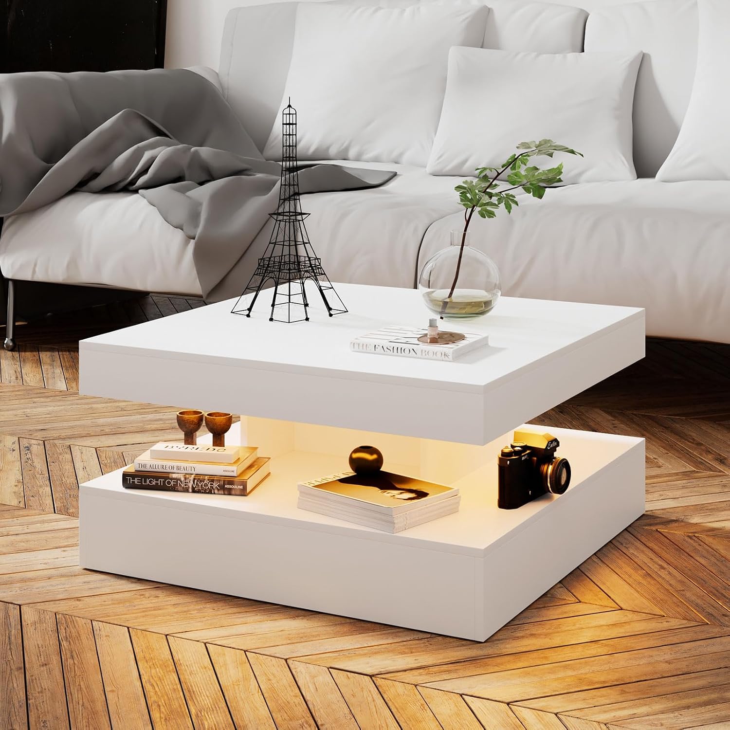 HedoAjim White LED Coffee Table for Living Room, Living Room Table 2-Tier Square Middle Center Table, Modern Coffee Tables with Storage, Wood Tea Tables for Dining Reception, Skin Feeling
