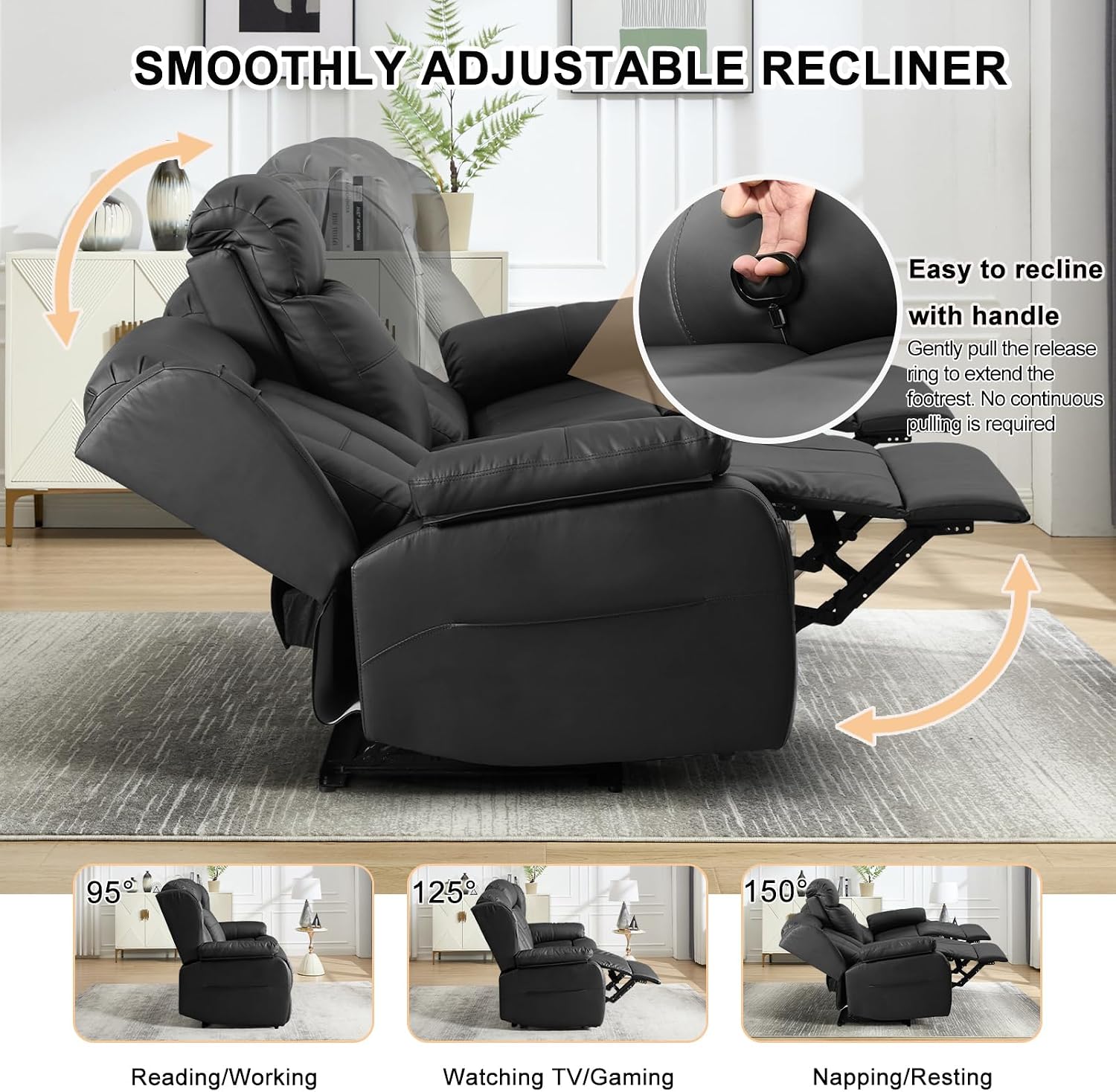 Loveseat Recliner Sofa,3 Seater RV Recliner Couch, Manual Reclining Loveseat with Console for Living Room, Home Theater Seating with AC/USB C/USB and Drawer (Black, 3 Seater + Console)