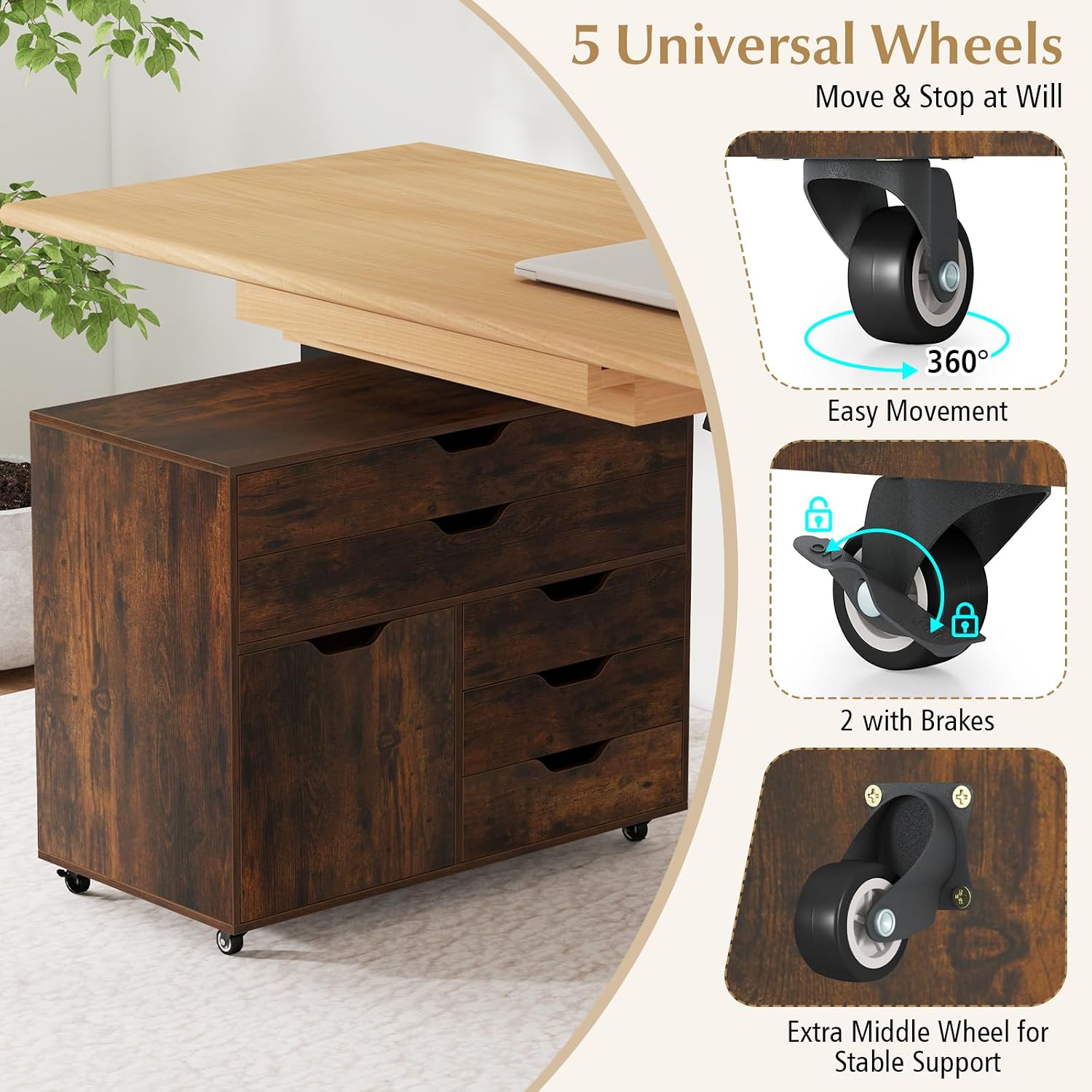 MAT EXPERT 5-Drawer Mobile File Cabinet w/Door, Lateral Filing Cabinet w/5 Universal Wheels, Rolling File Cabinets with Storage, Modern Wood Printer Stand for Home Office, Living Room (Rustic Brown)
