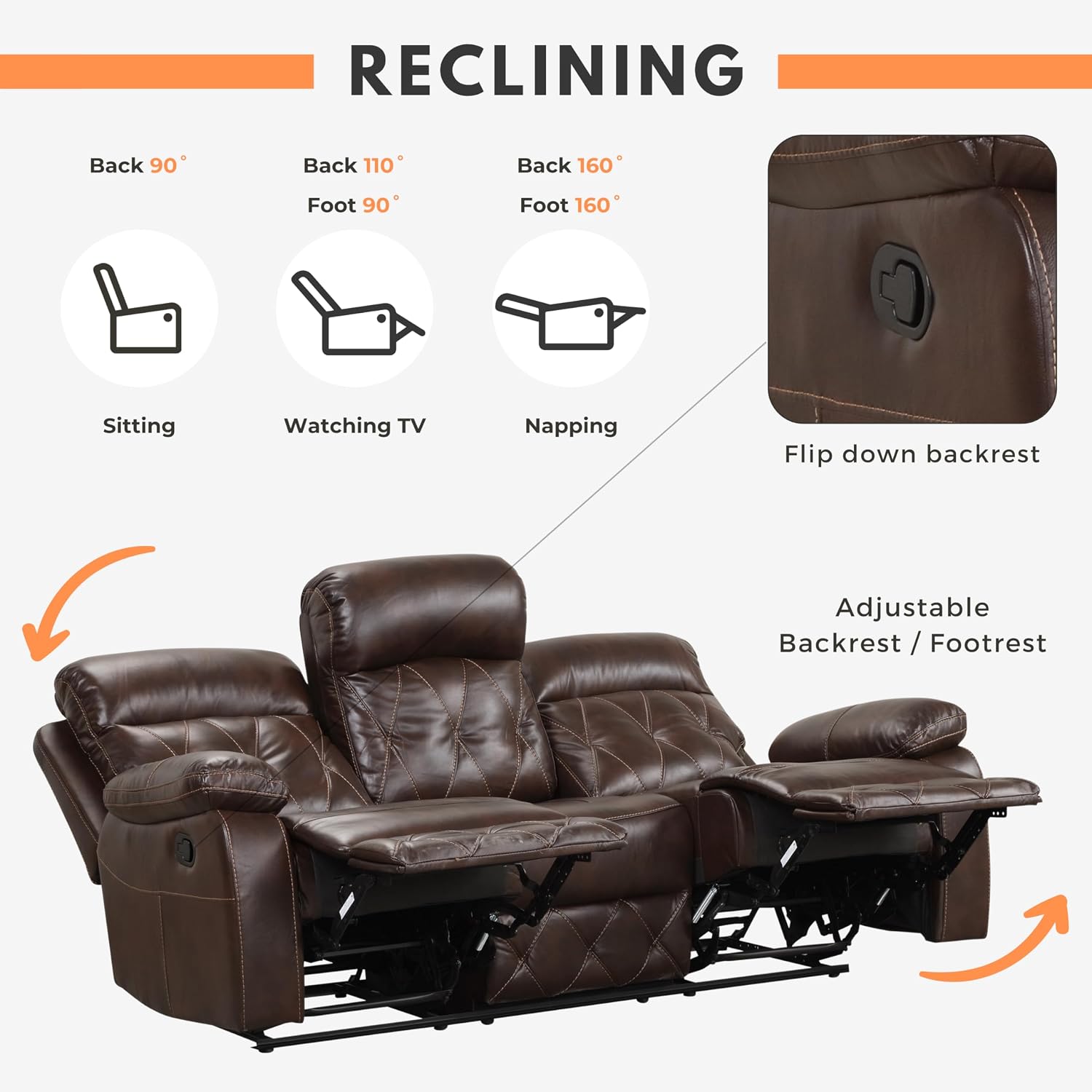 24/7 Shop at Home Skylar Transitional Breathable Leather Recliner Sofa with Diamond Stitching, Manual Home Theater Seating for Living Room, Bedroom, Brown